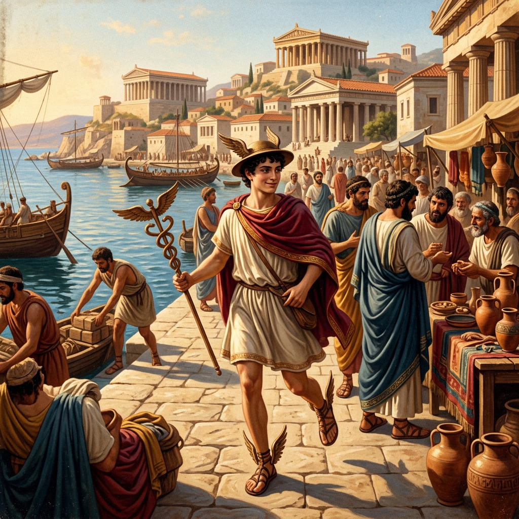 Ancient Greek port with people trading and ships docked