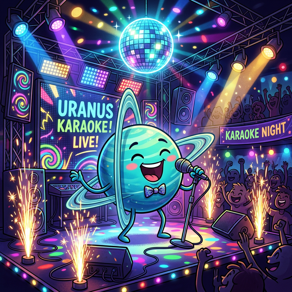 Cartoon Uranus singing karaoke onstage beneath a disco ball